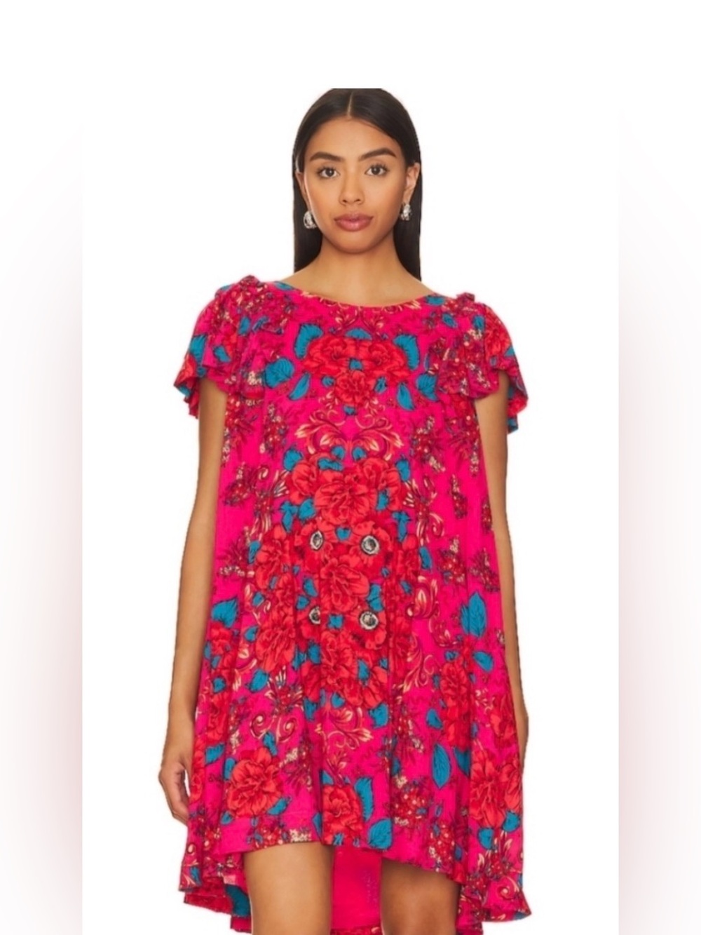 Free People Bright Pink Floral Mini Dress with Blue Accents size Large